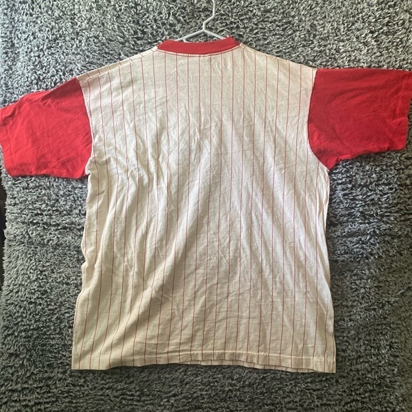 Vintage 90s Fruit of the loom single stitch striped Red shirt USA made grunge - Picture 8 of 9